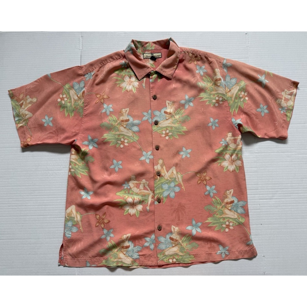 Tommy Bahama Hula Gals Camp Shirt men’s Large 100% Silk Hawaiian Aloha Button Up